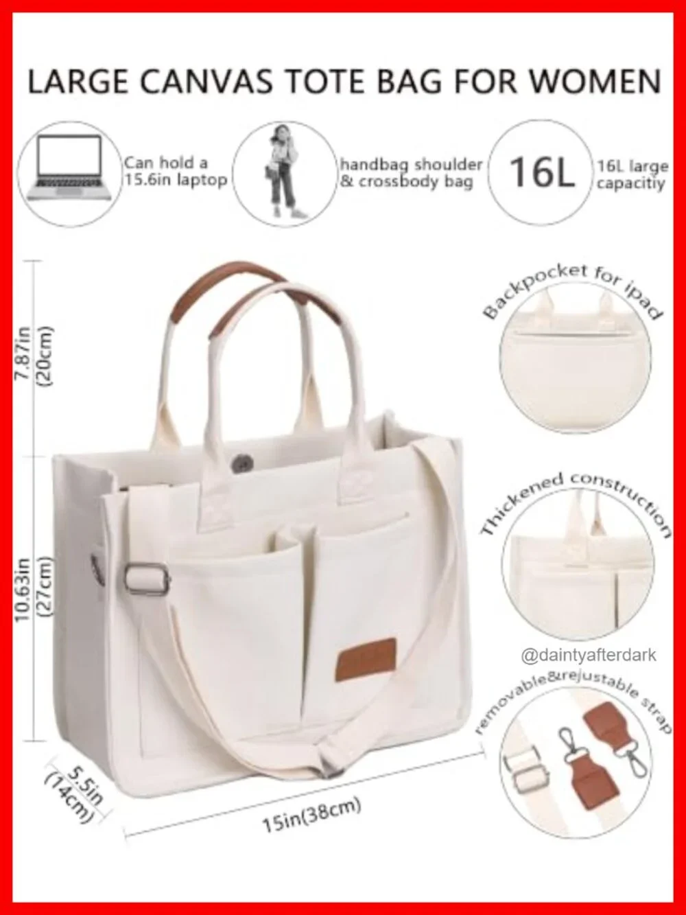 Canvas Tote Bag for Women Large Laptop Work Bag Travel Nurse Teacher Crossbody